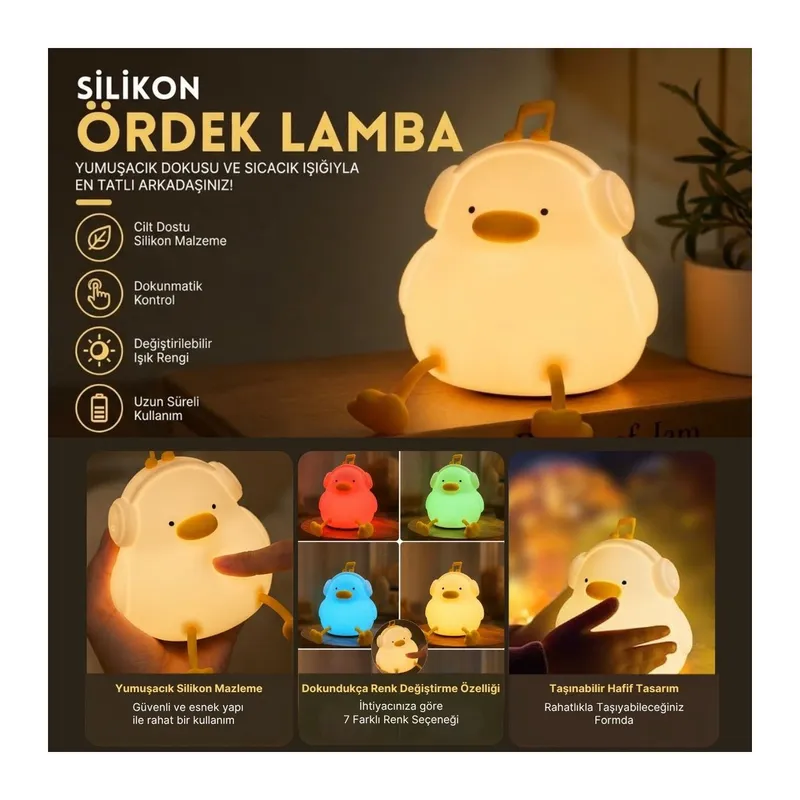 TrdStore® Vurmalı 7 Renkli Silikon Ördek LED Masa Lambası, Müzisyen Tasarımlı, Dokunmatik Renk Değiştiren Dekoratif USB Gece Lambası