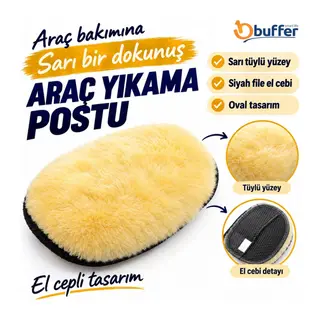 TrdStore Sarı El Cepli Araç Yıkama ve Parlatma Postu, Siyah File Cepli Oval Oto Temizlik Eldiveni, Tüylü Yüzeyli Araç Dış Yüzey Bakım Aksesuarı