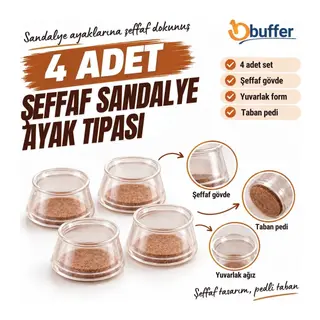 BUFFER Şeffaf Yuvarlak Sandalye Ayak Tıpası 4 Adet, Taban Pedli Sandalye Ayağı Koruyucu Başlık Seti, Mobilya Ayak Koruma
