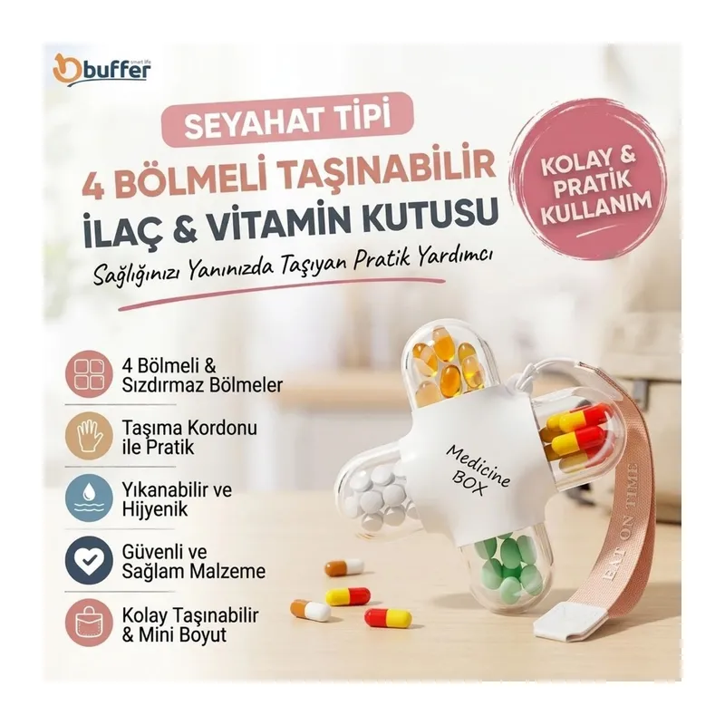 TrdStore® Seyahat Tipi 4 Bölmeli Taşınabilir ve Vitamin Kutusu, Kordonlu Mini Hap Saklama Kutusu