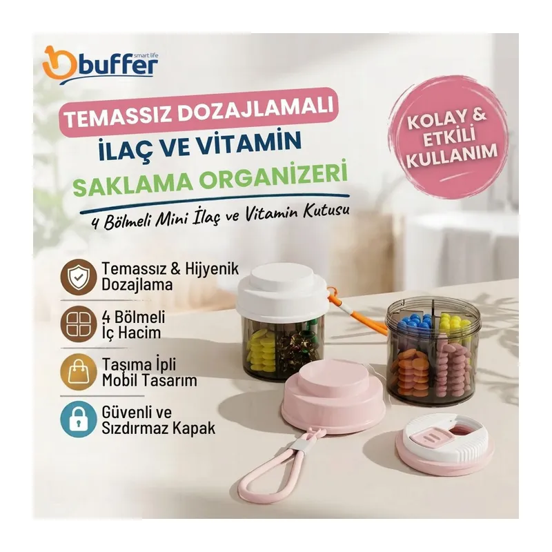 TrdStore® Temassız Dozajlamalı Taşıma İpli Hap Saklama Organizeri,4 Bölmeli Mini ve Vitamin Kutusu