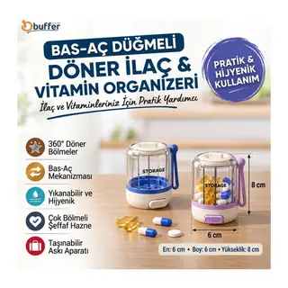 TrdStore® Bas-Aç Düğmeli Döner Kutusu, Çok Bölmeli Şeffaf Hap ve Vitamin Organizeri, Askılı Taşınabilir Saklama Kutusu