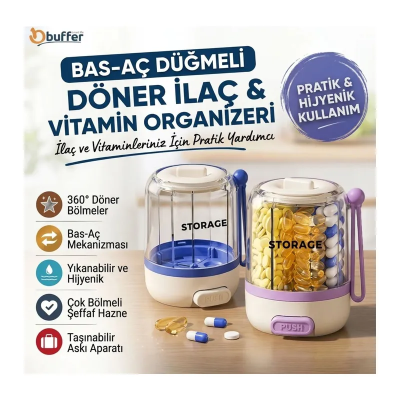 TrdStore® Bas-Aç Düğmeli Döner Kutusu, Çok Bölmeli Şeffaf Hap ve Vitamin Organizeri, Askılı Taşınabilir Saklama Kutusu