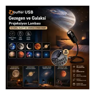 TrdStore USB Gezegen ve Galaksi Projeksiyon Lambası 10 Slaytlı Esnek Boyunlu Yıldızlı Gece Uzay Temalı Dekoratif LED Işık