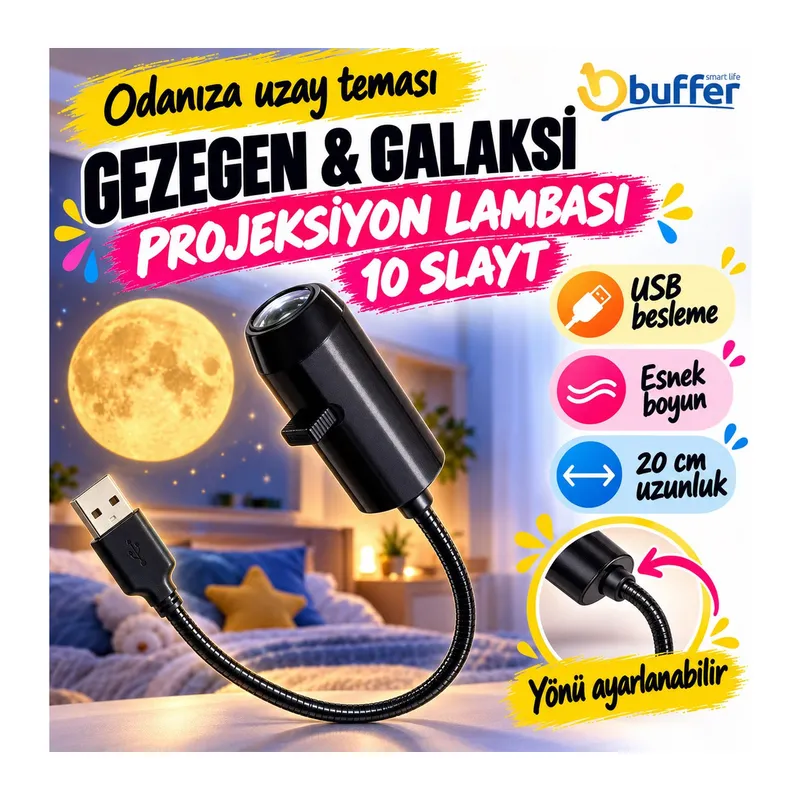BUFFER USB Gezegen ve Galaksi Projeksiyon Lambası 10 Slaytlı Esnek Boyunlu Yıldızlı Gece Uzay Temalı Dekoratif LED Işık