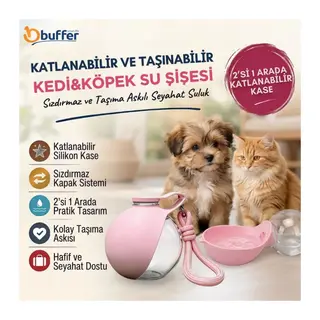 TrdStore® Katlanabilir Kaseli 2’si 1 Arada Kedi Köpek Su Şişesi, Sızdırmaz ve Taşıma Askılı Seyahat Suluk