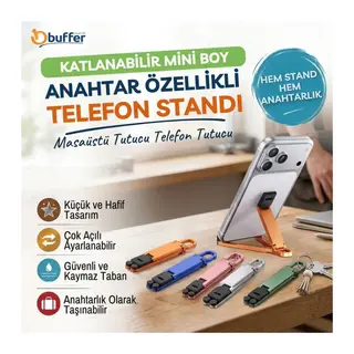 BUFFER® Katlanabilir Mini Telefon Standı, Anahtarlık Özellikli Taşınabilir Masaüstü Plastik Cep Telefonu Tutucu
