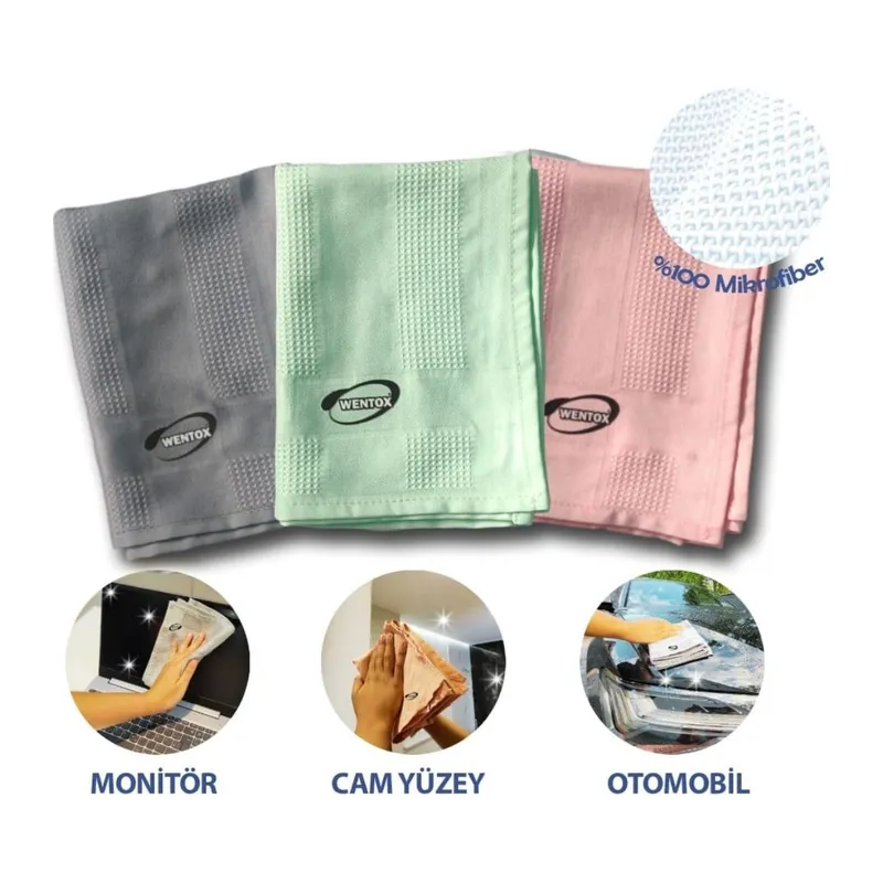 BUFFER® İz Bırakmayan Mikrofiber Temizlik Bezi 3'lü Set Cam ve Ayna Silme Toz Alma Temizlik Bezi