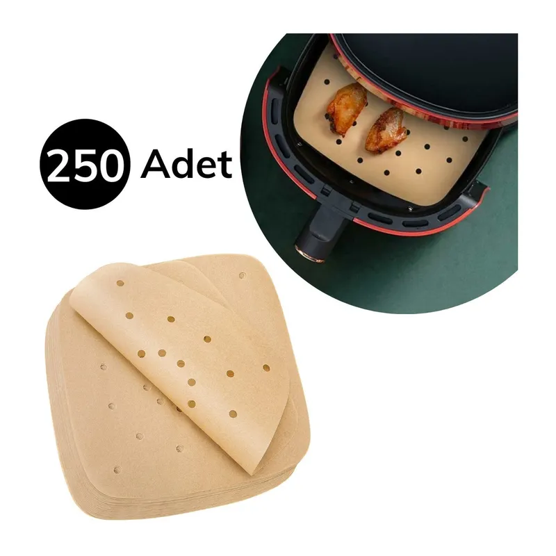 TrdStore® 250 Adet Air Fryer Pişirme Kağıdı Tek Kullanımlık Hava Fritöz Yağ Geçirmez Yapışmaz Gıda Pişirme Kağıdı Delikli Kare Model
