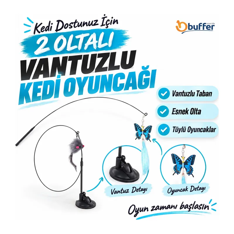 BUFFER® Vantuzlu Tüylü Zilli Olta Kedi Oyuncağı 2 Oltalı
