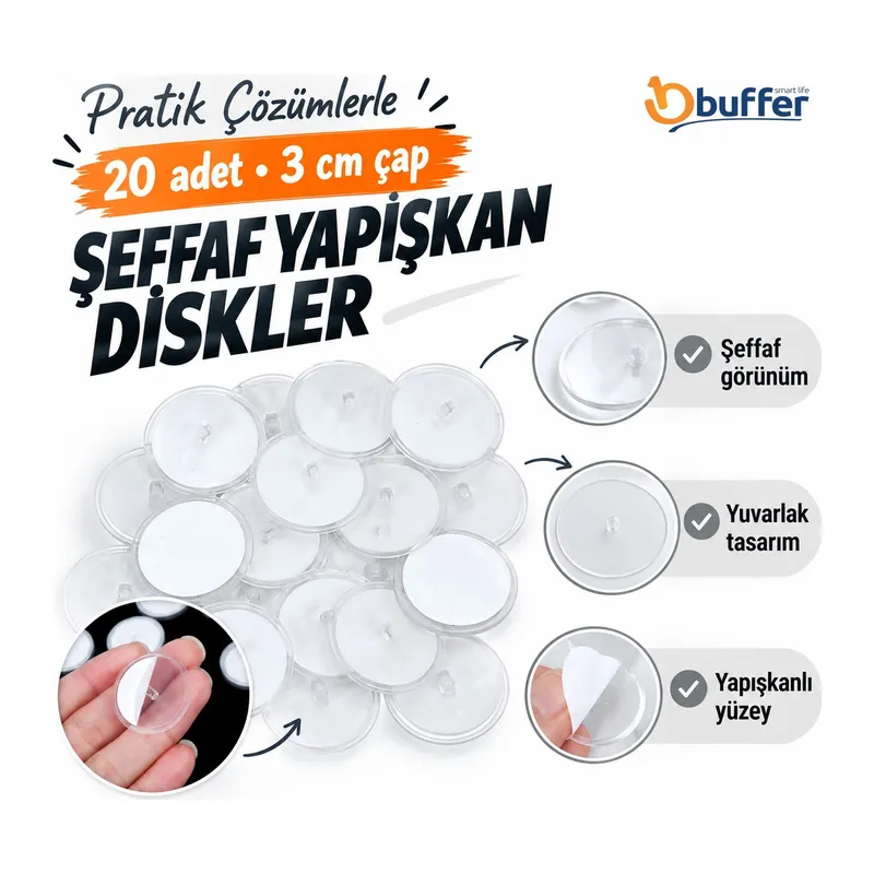 BUFFER® 20 Adet Şeffaf Yuvarlak 3 Cm Çaplı Güçlü Disk Yapışkanlar
