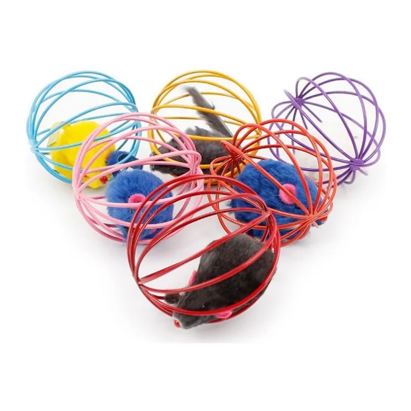 TrdStore® Renkli Metal Kafesli Peluş Fareli Kedi Köpek Oyuncağı Oyun Topu 6 cm
