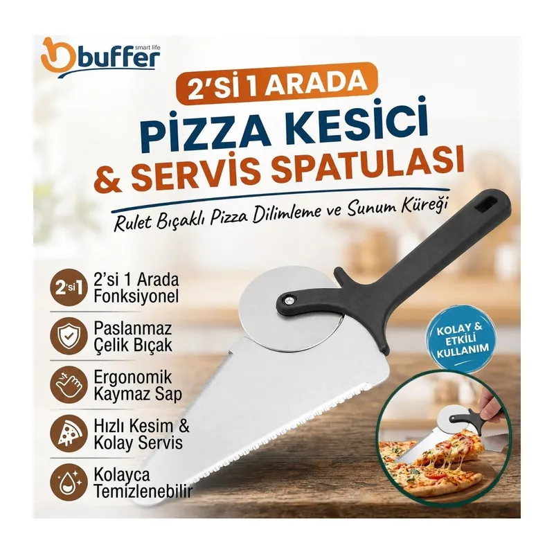 TrdStore® 2’si 1 Arada Pizza Kesici ve Servis Spatulası, Rulet Bıçaklı Pizza Dilimleme ve Sunum Küreği