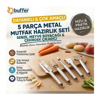 TrdStore® 5 Parça Metal Mutfak Hazırlık Seti, Sebze Meyve Soyacağı, Bıçak ve Çekirdek Çıkarıcı