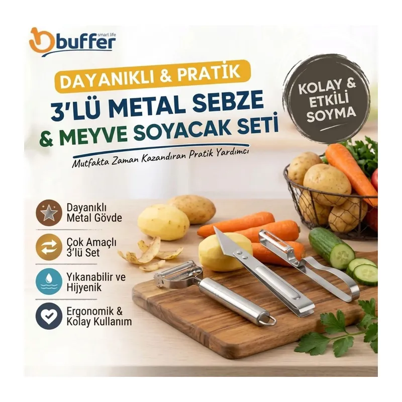 BUFFER® 3’lü Metal Sebze Meyve Soyacak Seti, Patates ve Havuç Soyucu Mutfak Aparatları