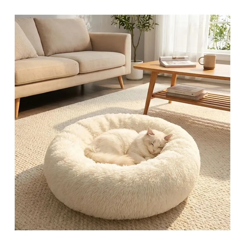 BUFFER® Yuvarlak Ultra Yumuşak Welsoft Peluş Kedi ve Köpek Yatağı – Kaymaz Taban Tüylü Pet Pufu,Uyku Minderi (krem)