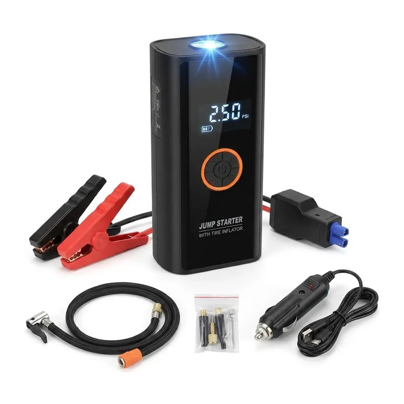 TrdStore® Akü Takviye Cihazı ve Lastik Şişirme Pompası 16000mAh – Powerbank Özellikli, Dijital Ekranlı SOS Fenerli Taşınabilir Kompresör