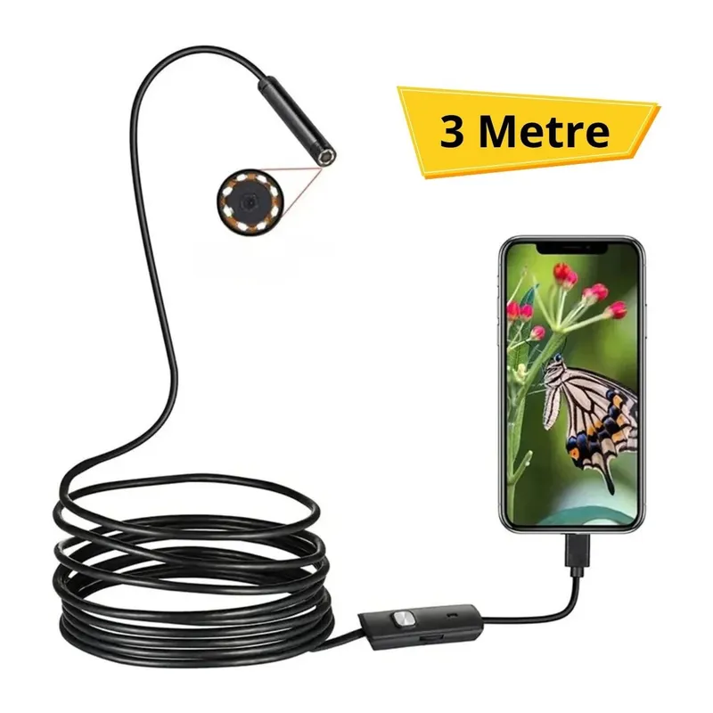 TrdStore® 3 Metre Android Telefon Uyumlu 6 LED Işıklı Su Geçirmez Endoskop / Boroskop Yılan Kamera HD