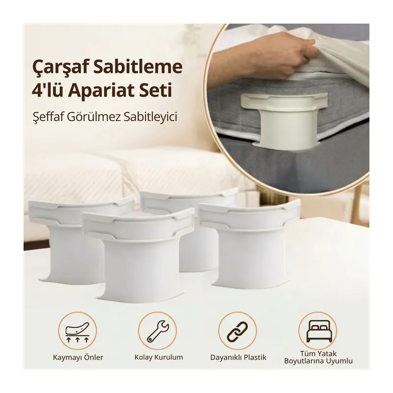 BUFFER® 4'lü Çarşaf Sabitleyici Kaydırmaz Aparat, Dört Köşeden Kilitleyen Şeffaf Akıllı Çarşaf Tutucu Sistem