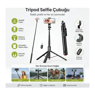 BUFFER® 130 cm Uzayabilen Manyetik Kumandalı Tripod ve Ayarlanabilir Telefon Tutuculu, Alüminyum Gövdeli Selfie Çubuğu