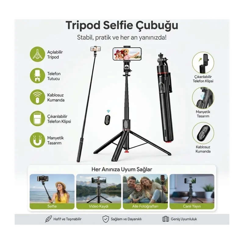 TrdStore® 130 cm Uzayabilen Manyetik Kumandalı Tripod ve Ayarlanabilir Telefon Tutuculu, Alüminyum Gövdeli Selfie Çubuğu
