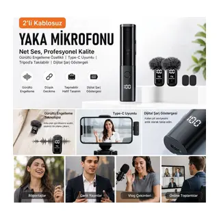 BUFFER® 2'li Kablosuz Yaka Mikrofonu, Type-C Uyumlu, Gürültü Engelleme Özellikli ve Tripod'a Takılabilir Dijital Şarj Göstergeli Telefon Mikrofon Seti