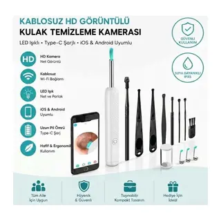 BUFFER® Beyaz Kablosuz HD Görüntülü Kulak Temizleme Kamerası, LED Işıklı Type-C Şarjlı iOS ve Android Uyumlu Kulak Temizleme Seti
