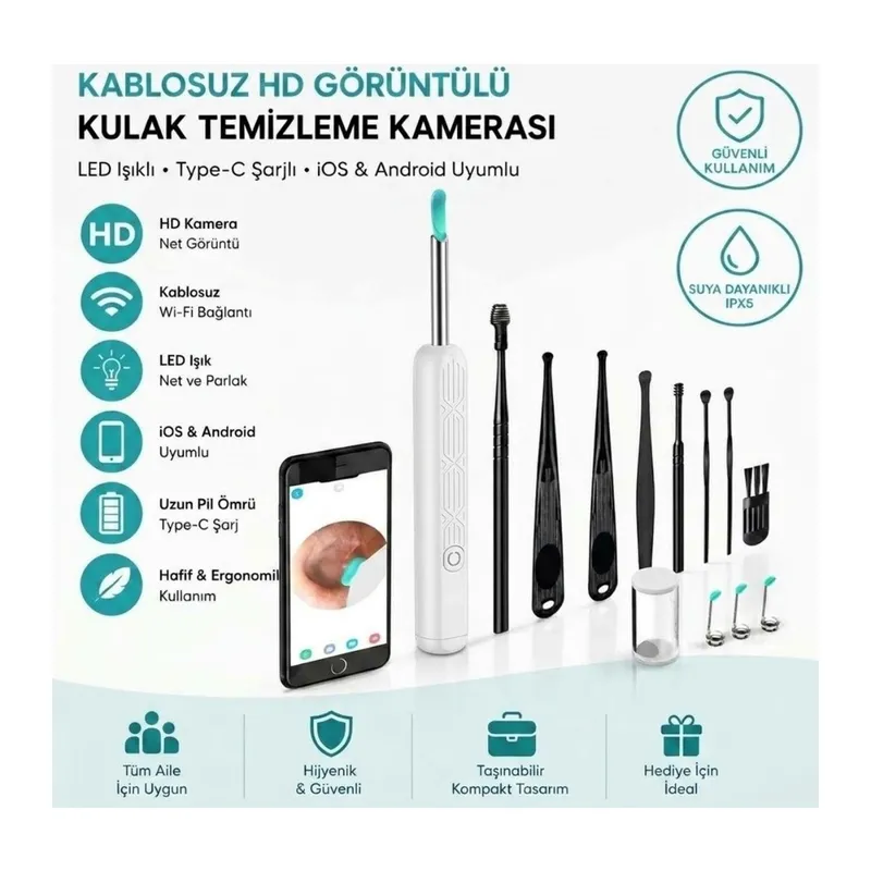 TrdStore® Beyaz Kablosuz HD Görüntülü Kulak Temizleme Kamerası, LED Işıklı Type-C Şarjlı iOS ve Android Uyumlu Kulak Temizleme Seti