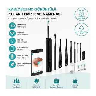 BUFFER® Siyah Kablosuz HD Görüntülü Kulak Temizleme Kamerası, LED Işıklı Type-C Şarjlı iOS ve Android Uyumlu Kulak Temizleme Seti