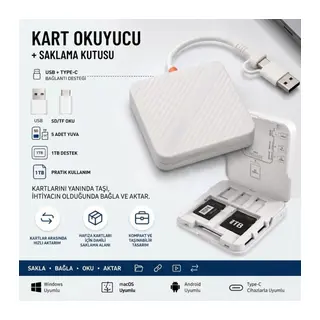 BUFFER® USB ve Type-C Uyumlu Çok Fonksiyonlu SD TF Kart Okuyucu, USB 3.0 5Gbps Yüksek Hızlı Veri Aktarım Adaptörü ve Kart Saklama Kutusu