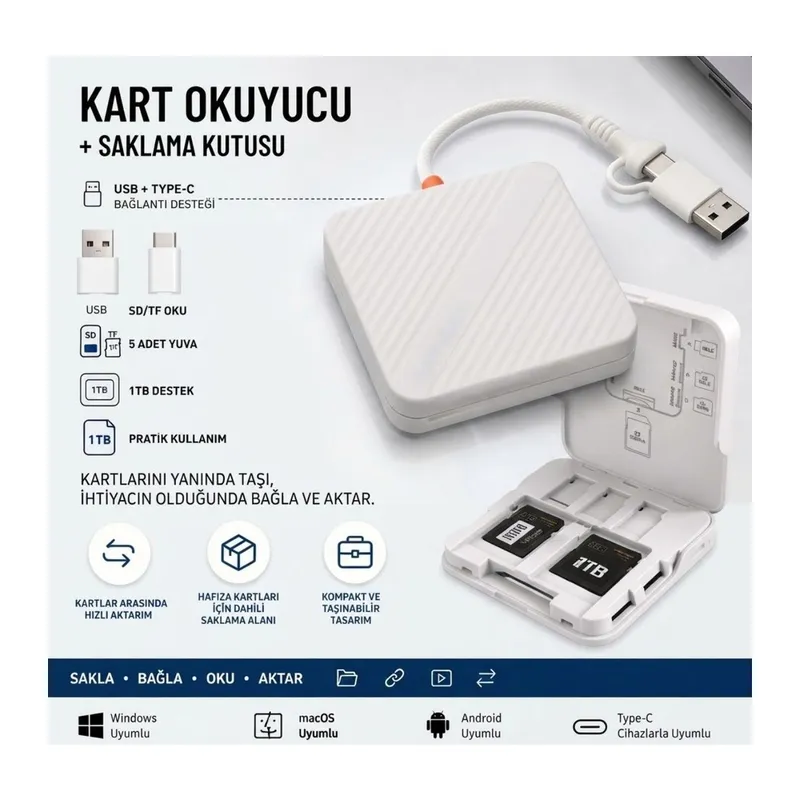 TrdStore® USB ve Type-C Uyumlu Çok Fonksiyonlu SD TF Kart Okuyucu, USB 3.0 5Gbps Yüksek Hızlı Veri Aktarım Adaptörü ve Kart Saklama Kutusu