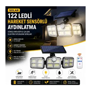 BUFFER® 3'lü 122 LEDLİ Güneş Enerjili Hareket Sensörlü Aydınlatma, Dış Mekan Duvar ve Bahçe Lambası Solar LED