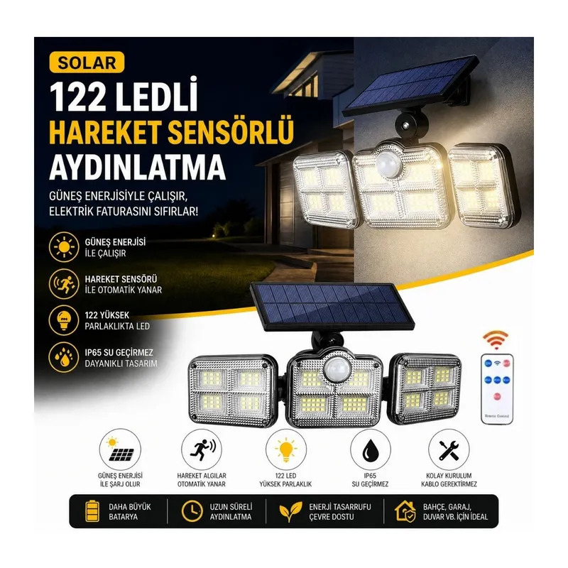TrdStore® 3'lü 122 LEDLİ Güneş Enerjili Hareket Sensörlü Aydınlatma, Dış Mekan Duvar ve Bahçe Lambası Solar LED