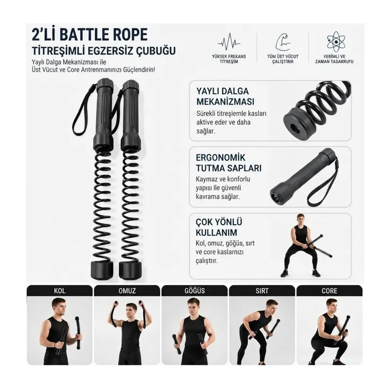 TrdStore® 2'li Battle Rope Titreşimli Egzersiz Çubuğu, Yaylı Dalga Mekanizmalı Kol, Omuz, Göğüs, Sırt ve Core Antrenman Aleti