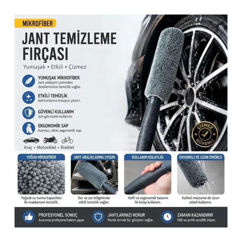 BUFFER® Mikrofiber Jant Temizleme Fırçası Yumuşak Çizmez Saplı Araba Motosiklet Lastik Yıkama Bakım Süngeri