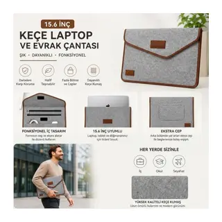 BUFFER® 15.6 İnç Gri Cırt Cırtlı Keçe Laptop ve Evrak Çantası, Notebook Bilgisayar ve Dosya Taşıma Çantası