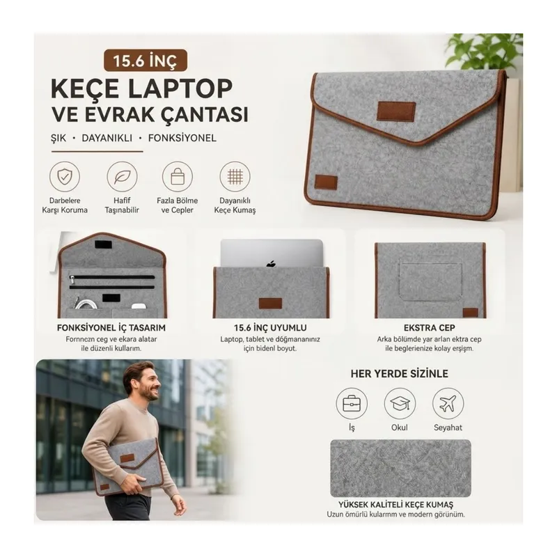 TrdStore® 15.6 İnç Gri Cırt Cırtlı Keçe Laptop ve Evrak Çantası, Notebook Bilgisayar ve Dosya Taşıma Çantası