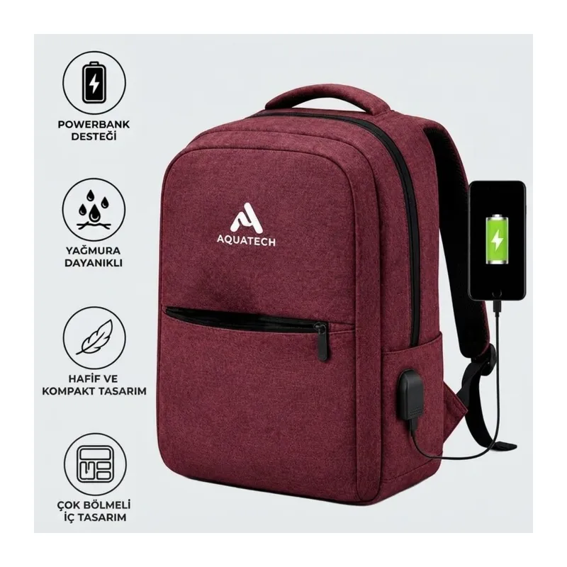 BUFFER® Bordo Laptop Sırt Çantası, Bilgisayar Korumalı İç Bölmeli Notebook Çantası, Organizer Cepli ve USB Şarj Portlu