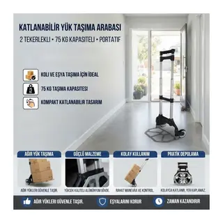 TrdStore® Katlanabilir Yük Taşıma Arabası, 2 Tekerlekli 75 Kg Kapasiteli Portatif Eşya ve Koli Taşıma Arabası