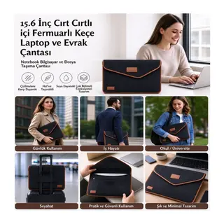 TrdStore® 15.6 İnç Siyah Cırt Cırtlı içi Fermuarlı Keçe Laptop ve Evrak Çantası, Notebook Bilgisayar ve Dosya Taşıma Çantası