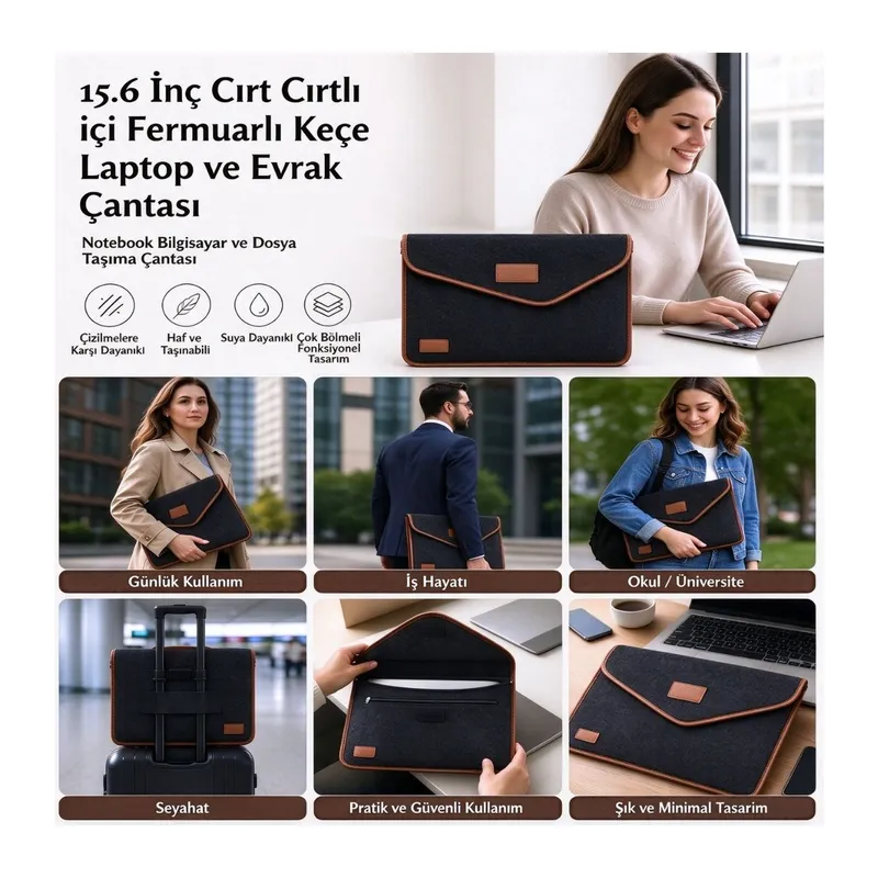 TrdStore® 15.6 İnç Siyah Cırt Cırtlı içi Fermuarlı Keçe Laptop ve Evrak Çantası, Notebook Bilgisayar ve Dosya Taşıma Çantası