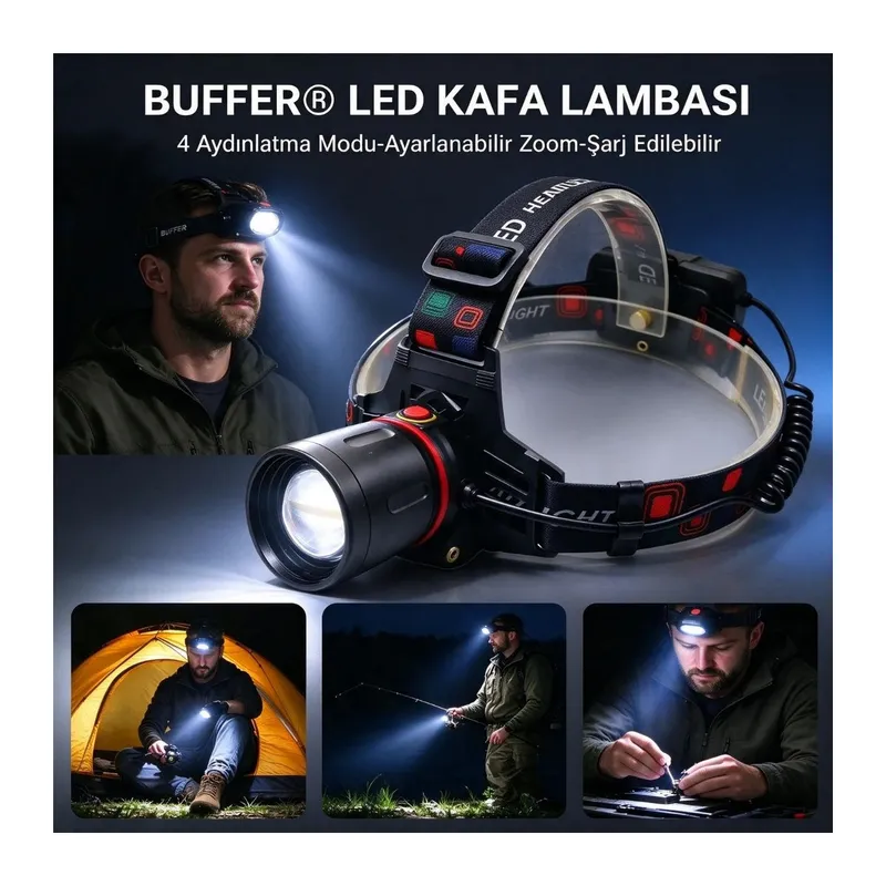 TrdStore® Şarj Edilebilir LED Kafa Lambası, 4 Modlu Süper Parlak Zoom Özellikli Ayarlanabilir Baş Feneri, Kamp ve Outdoor Aydınlatma Lambası