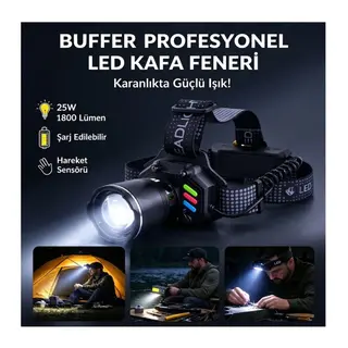 BUFFER® 25W 1800 Lümen Şarjlı LED Kafa Feneri, Hareket Sensörlü Zoomlu Su Geçirmez Profesyonel Baş Lambası, Kamp, Avcılık ve Balıkçılık Feneri