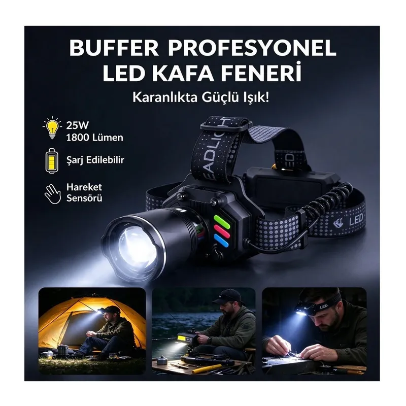 BUFFER® 25W 1800 Lümen Şarjlı LED Kafa Feneri, Hareket Sensörlü Zoomlu Su Geçirmez Profesyonel Baş Lambası, Kamp, Avcılık ve Balıkçılık Feneri