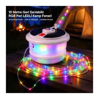 TrdStore® 10 Metre Geri Sarılabilir RGB Peri LEDLİ, 15 Renk Işık Modlu, Solar Güneş Enerjili ve USB Şarjlı, Asılabilir Atmosferik Kamp Aydınlatması