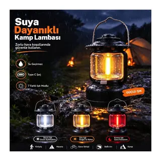 BUFFER® Su Geçirmez Şarj Edilebilir Kamp Feneri,3 Işık Renkli(Beyaz Işık, Gün Işığı, Kırmızı),7 Farklı Işık Modlu,Asılabilir ve Taşınabilir LED Lamba