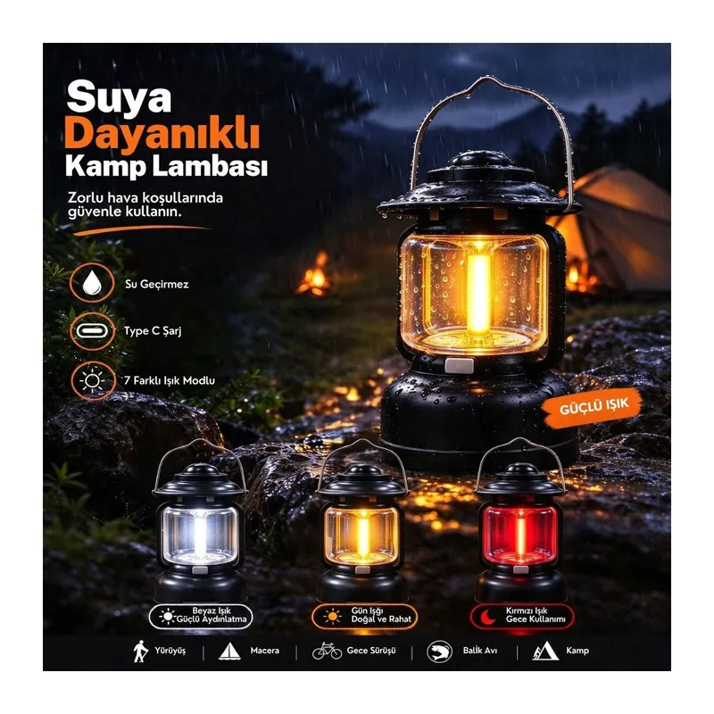 TrdStore® Su Geçirmez Şarj Edilebilir Kamp Feneri,3 Işık Renkli(Beyaz Işık, Gün Işığı, Kırmızı),7 Farklı Işık Modlu,Asılabilir ve Taşınabilir LED Lamb
