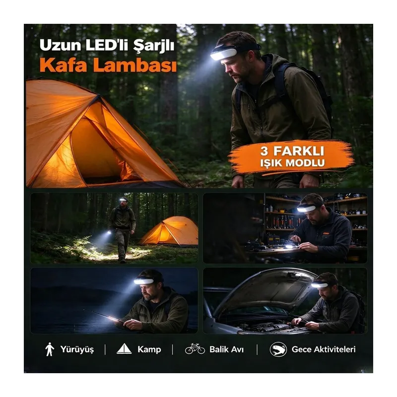 BUFFER® Uzun LED'li Şarjlı Kafa Lambası, Beyaz Işıklı, 3 Farklı Aydınlatma Modlu, Ayarlanabilir Kafa Feneri