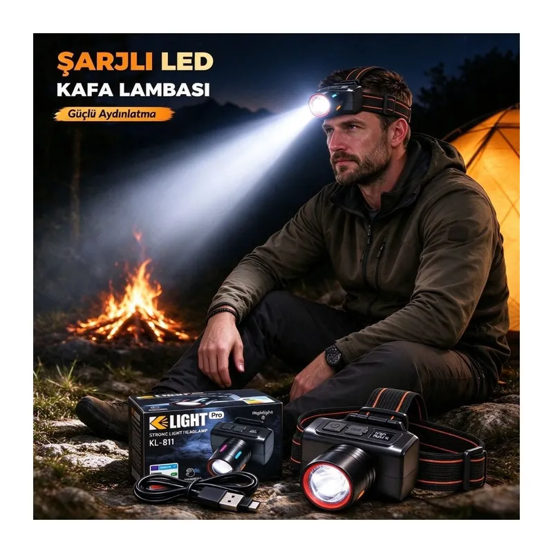 BUFFER® Şarjlı LED Kafa Lambası, Hareket Sensörlü, Dijital Pil Göstergeli, USB Şarjlı Güçlü Kafa Feneri**