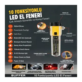 BUFFER® 10 Fonksiyonlu LED El Feneri, Çok Amaçlı Taşınabilir Kamp ve Acil Durum Lambası